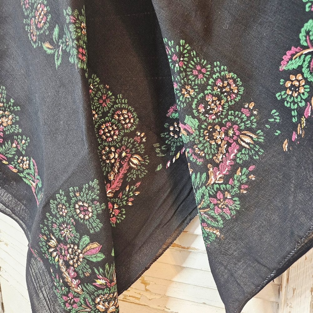 Vintage Black Cotton Square Shawl/Scarf With Printed Floral Design - Picture 2 of 8